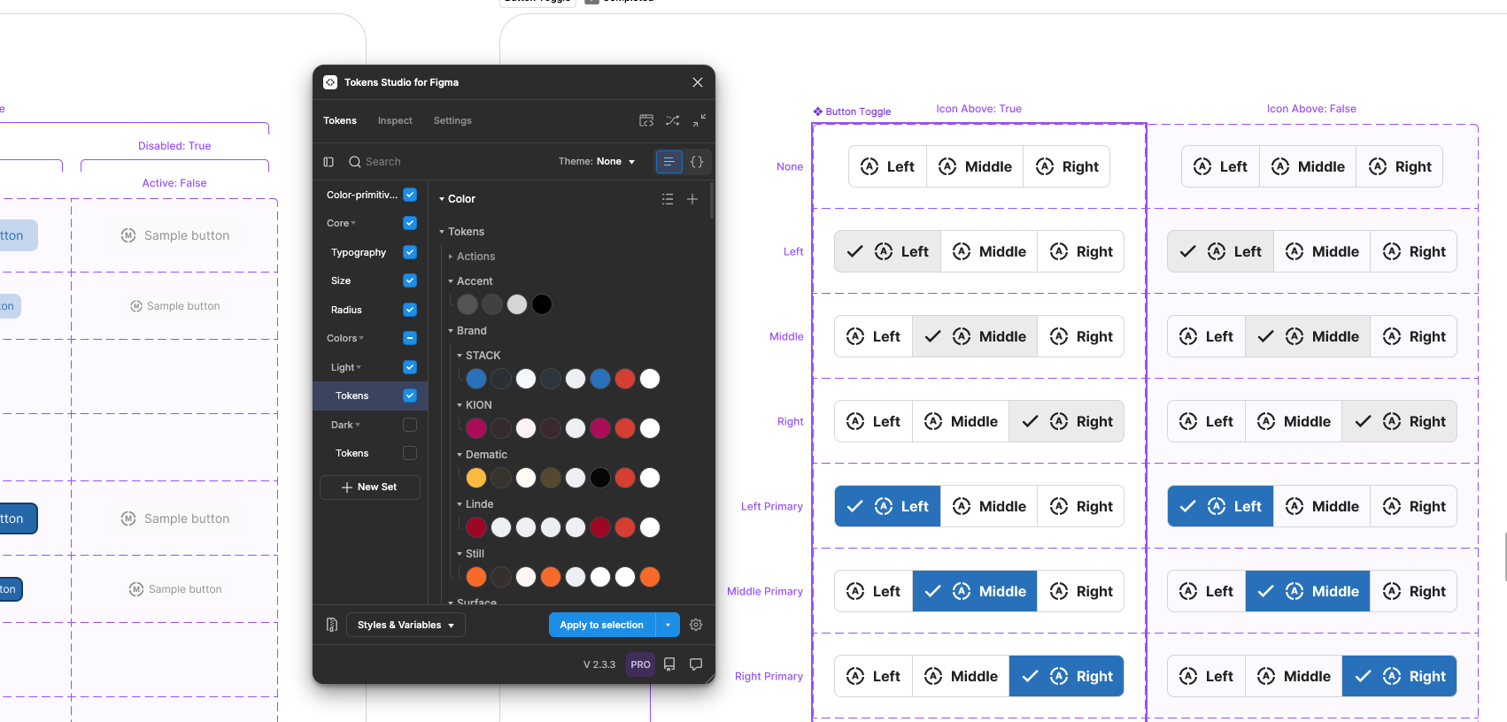 KION design systeem tokens in Figma met kleurenpalet, typografie en componentvariabelen